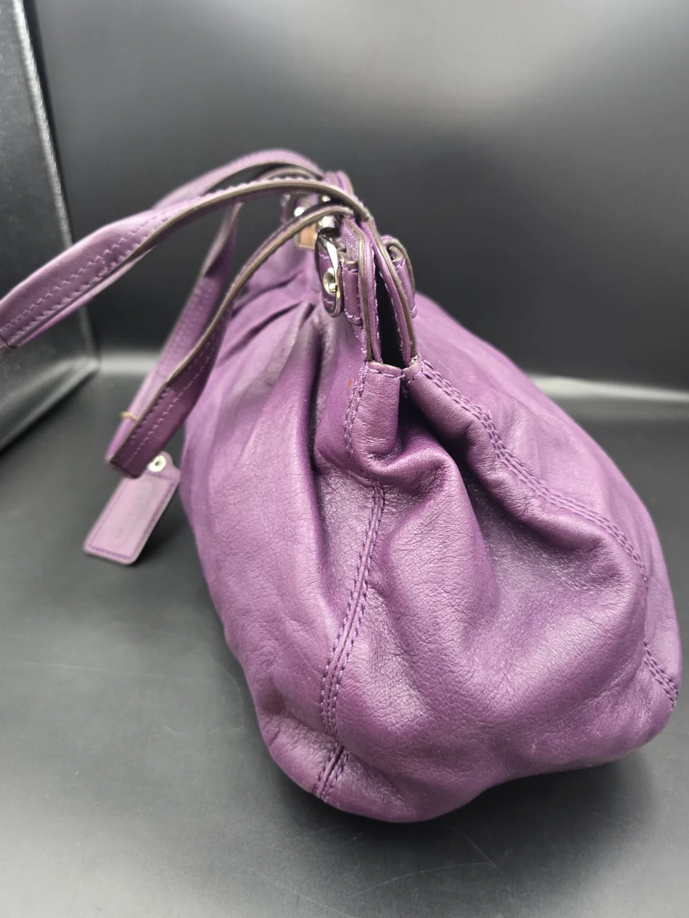 Coach Purple Leather Pleated Satchel with Turnlock